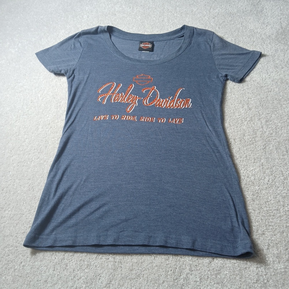Harley Davidson Rhinestones Blue T Shirt Womens Size Medium Wisconsin
